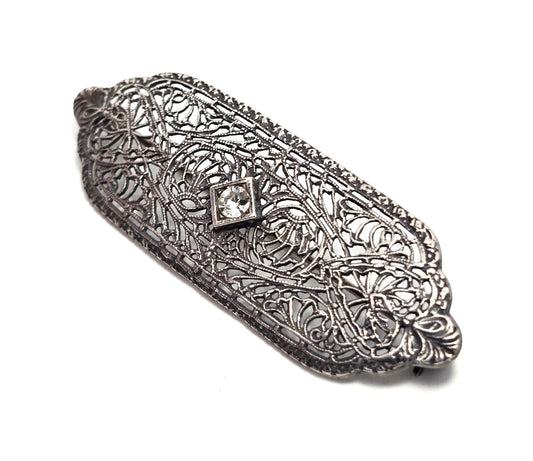 Art Deco fine filigree rhodium plated sterling silver clear paste bar pin brooch