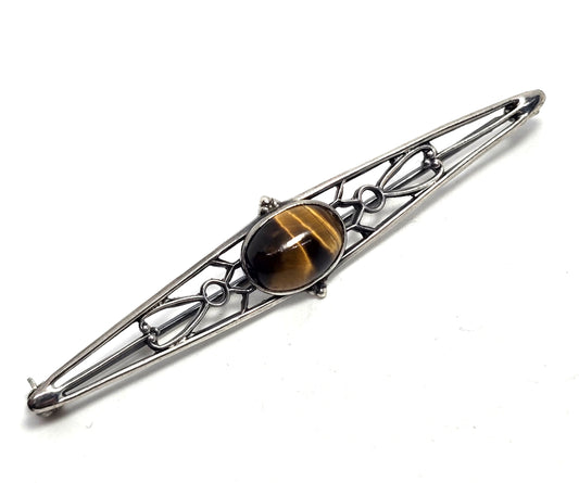 Art Deco tiger's eye sterling silver filigree bar pin lapel brooch