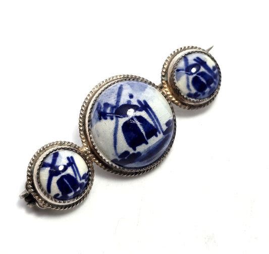 Dutch Delft Blue Porcelain enamel triple windmill vintage sterling silver Brooch