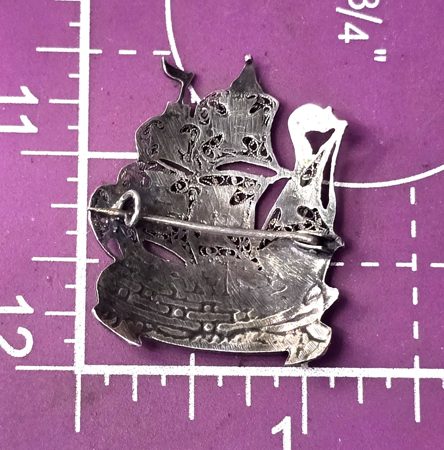 Portuguese enamel Ship galleon spun sterling silver vintage brooch
