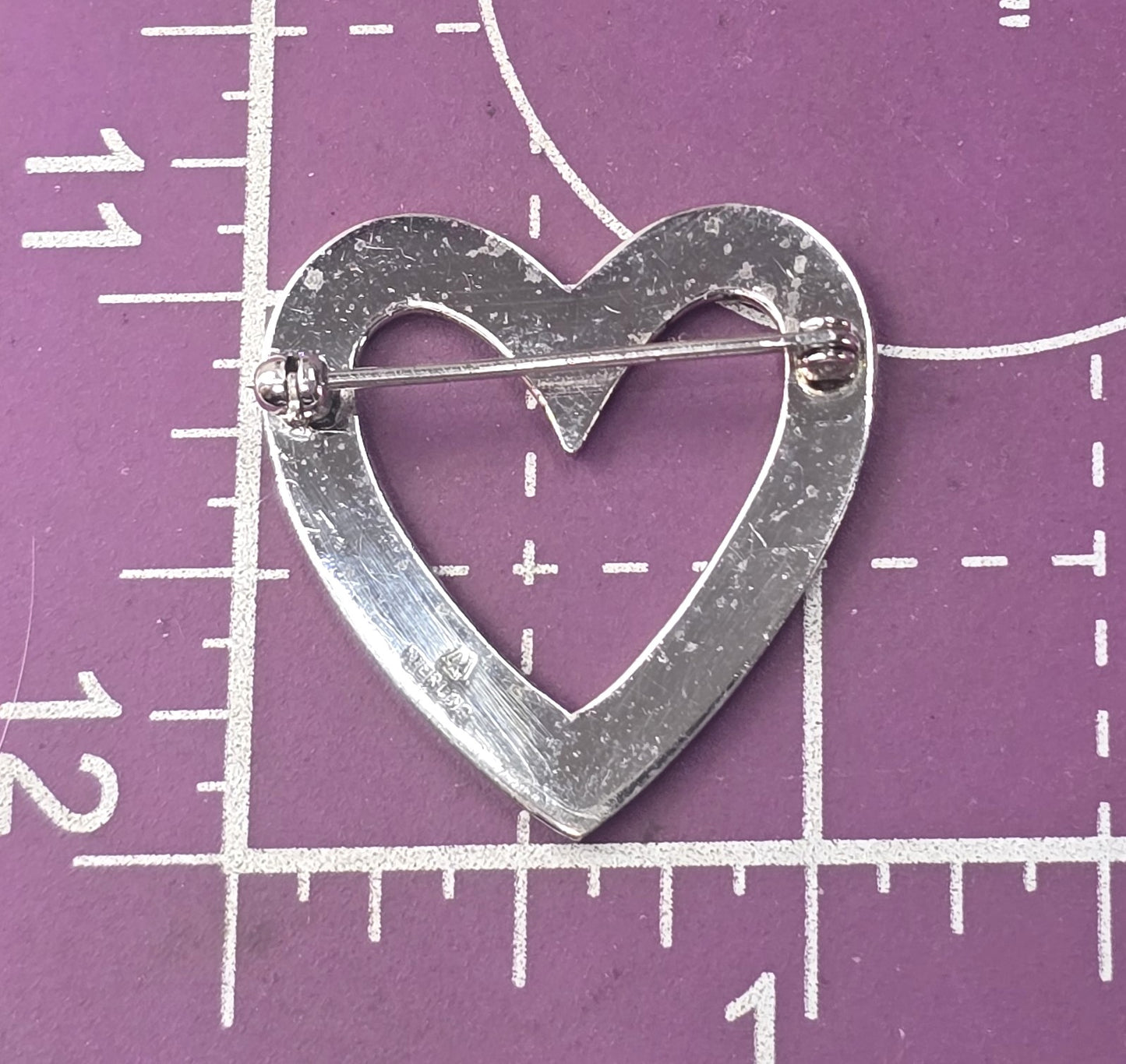 Etched sterling silver open heart signed vintage retro brooch