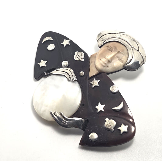 Zealandia "Mystic Seer" vintage sterling silver MOP brooch "Fortune Teller"