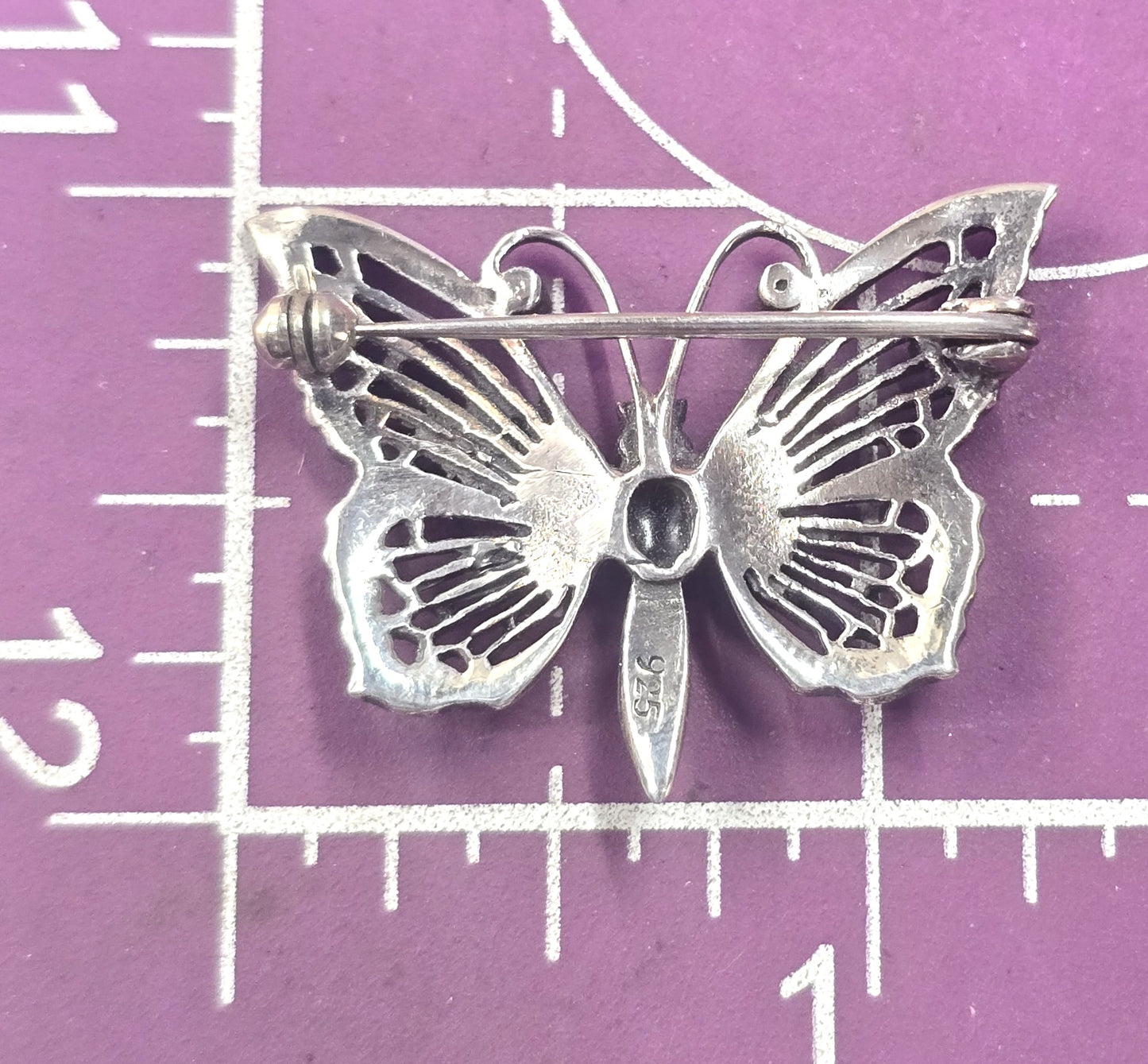 Butterfly black onyx and marcasite sterling silver filigree brooch
