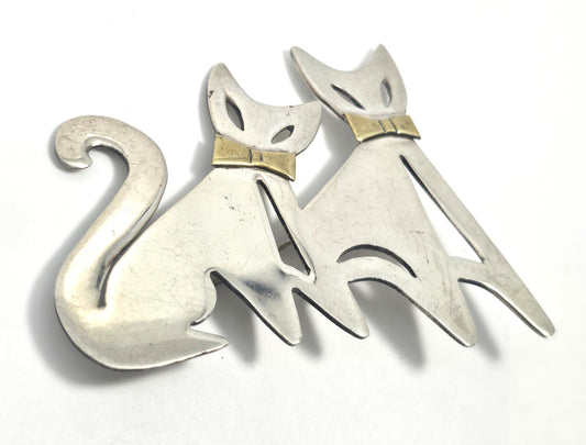 Taxco Mexican Double Kitty bow Large vintage brass sterling silver pendant brooch