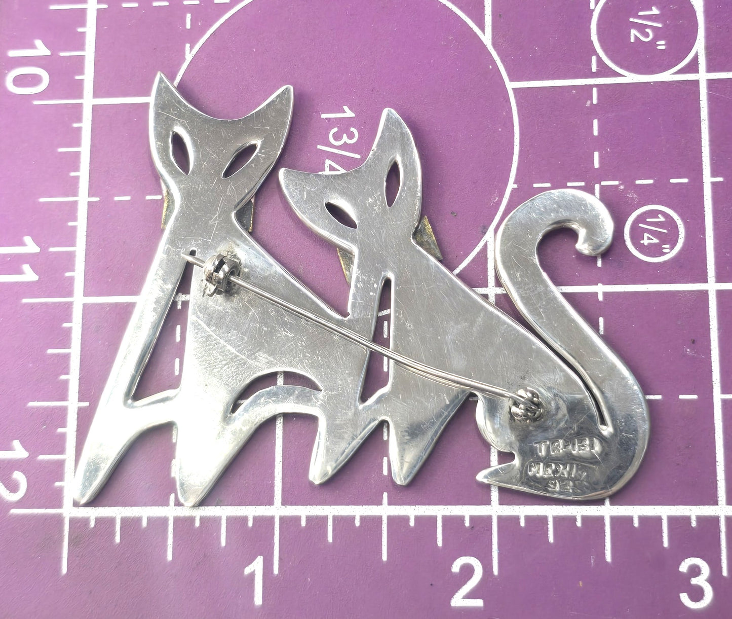 Taxco Mexican Double Kitty bow Large vintage brass sterling silver pendant brooch