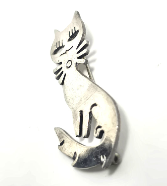 Mexico Taxco Sassy Kitty Cat open work vintage sterling silver feline brooch