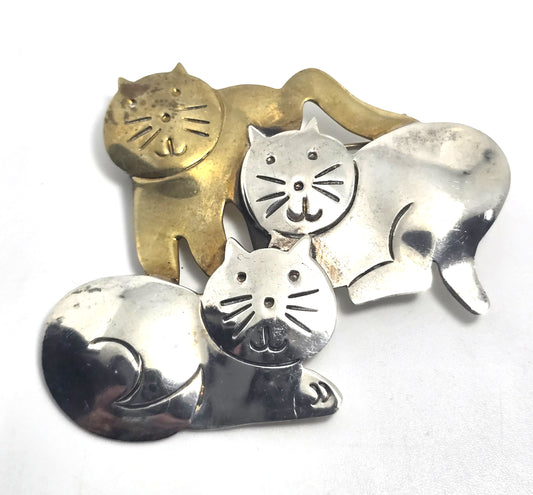 Taxco Mexican Triple Kitty large vintage brass sterling silver brooch