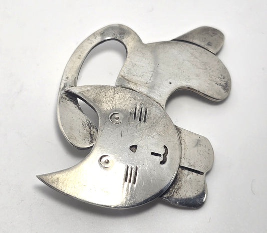 Modernist chunky thick mid century cat vintage sterling silver feline brooch