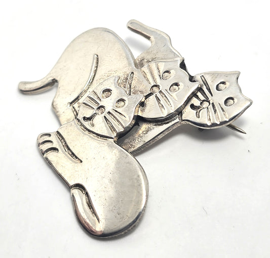 Taxco Mexican Triple Kitty large vintage solid sterling silver brooch