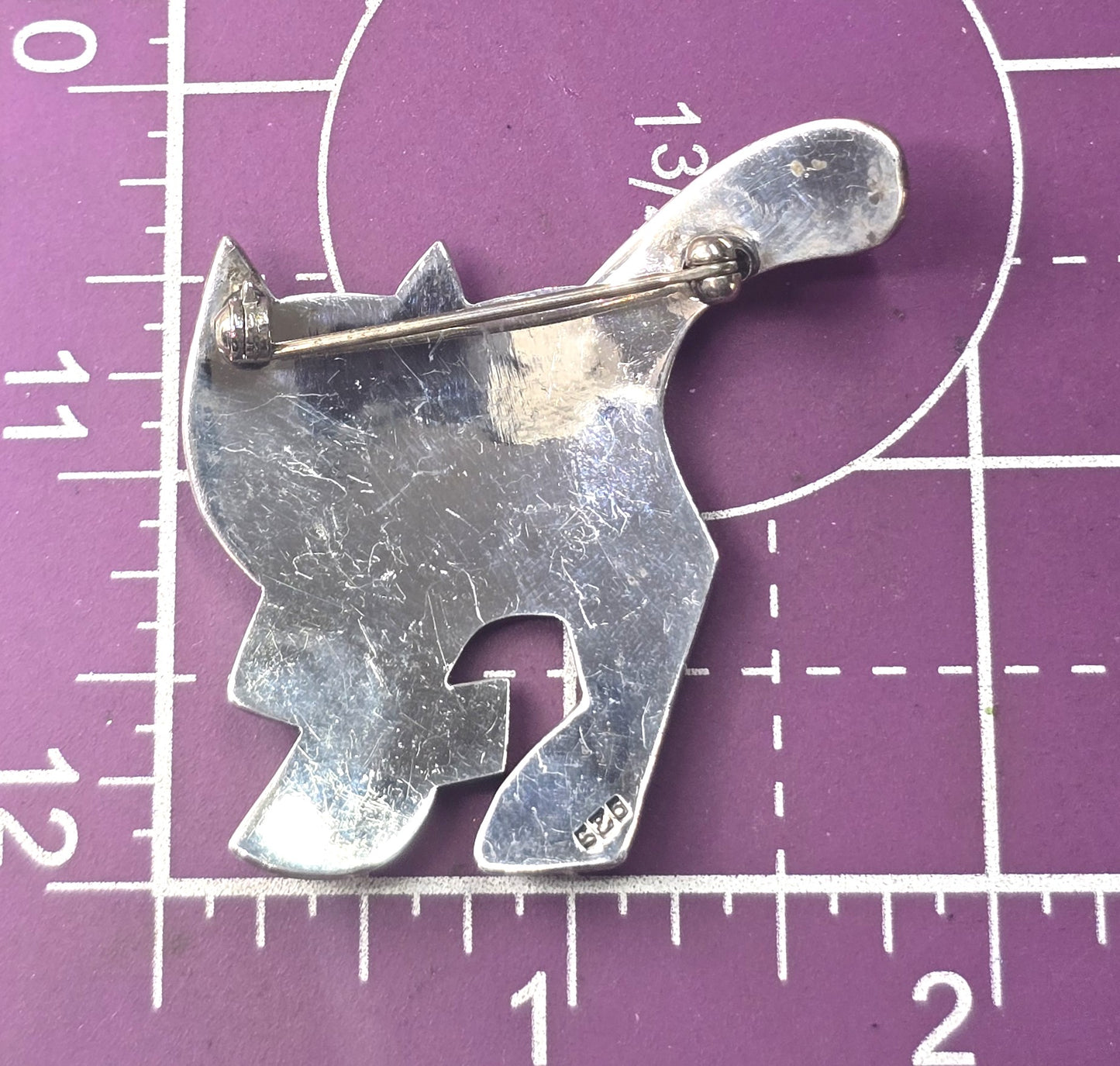 Modernist spotted chunky mid century cat vintage sterling silver feline brooch