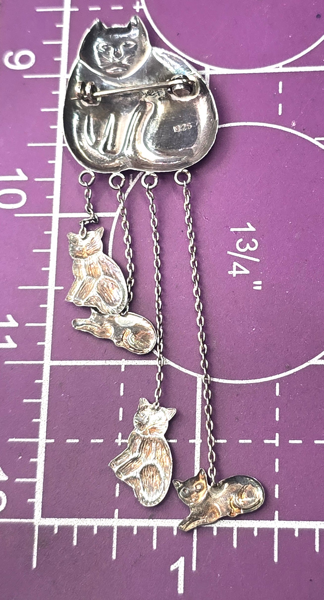 Retro chunky repposse vintage hanging kittens sterling silver feline brooch