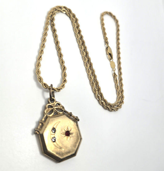 Crescent moon and star celestial etched paste Victorian antique fob necklace