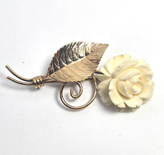 FH 1/20th 12k gold filled carved rose flower signed vintage brooch