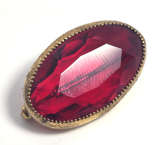 Victorian Deep red glass stamped brass vintage Czech glass brooch pin