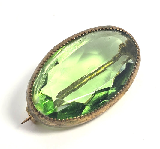 Victorian Bright green Czech glass stamped brass vintage brooch pin
