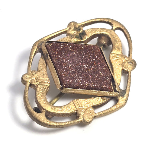 Victorian Goldstone aventurine Czech glass stamped brass vintage brooch pin