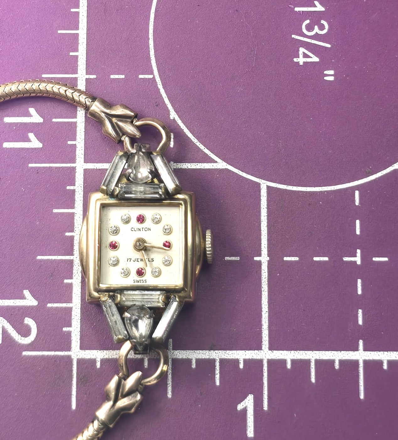 Art Deco Clinton yellow gold filled wind up 17 jewel watch missing crystal face