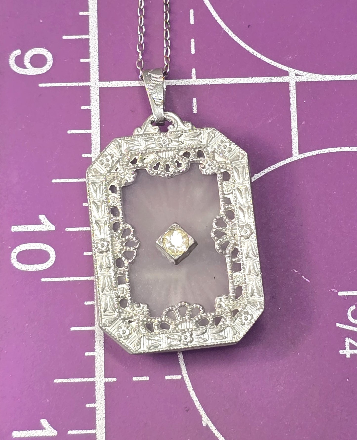 Camphor glass rhodium plated filigree vintage pendant necklace