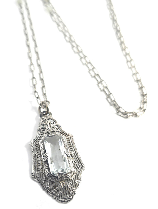 Art Deco Blue topaz filigree antique sterling silver filigree pendant on paperclip chain