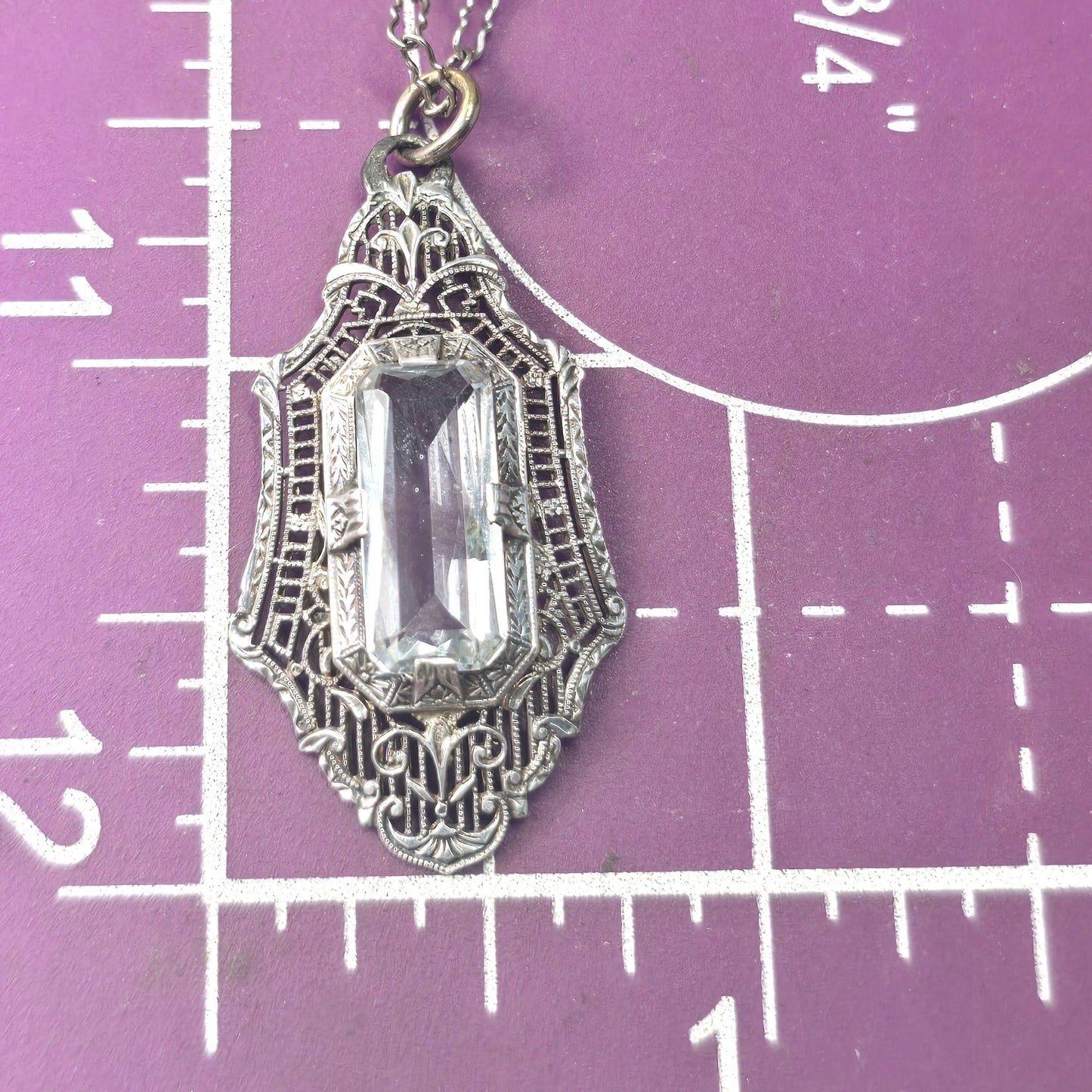Art Deco Blue topaz filigree antique sterling silver filigree pendant on paperclip chain