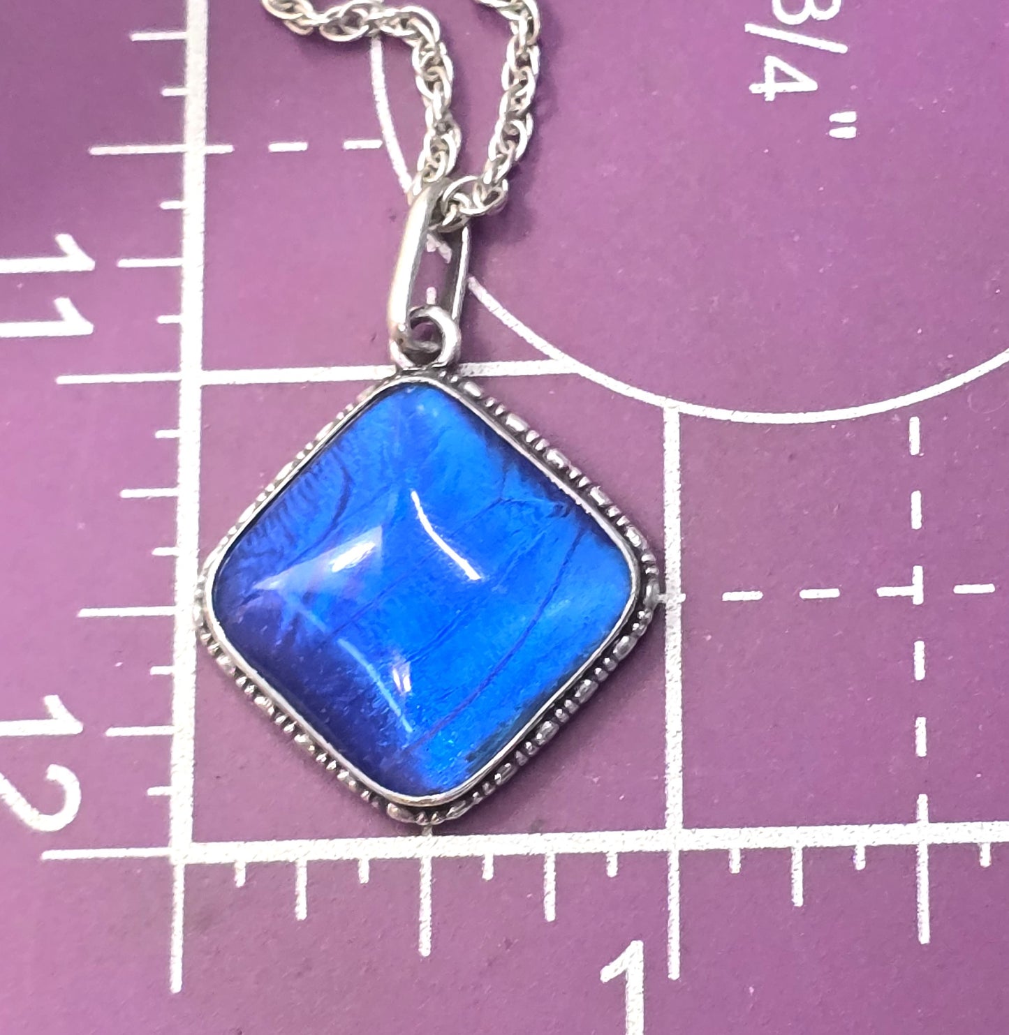 TLM Art Deco Blue Morpho Butterfly wing sterling silver vintage necklace England