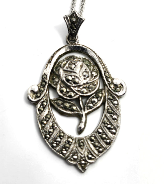 Art Deco marcasite rose flower vintage sterling silver pendant necklace