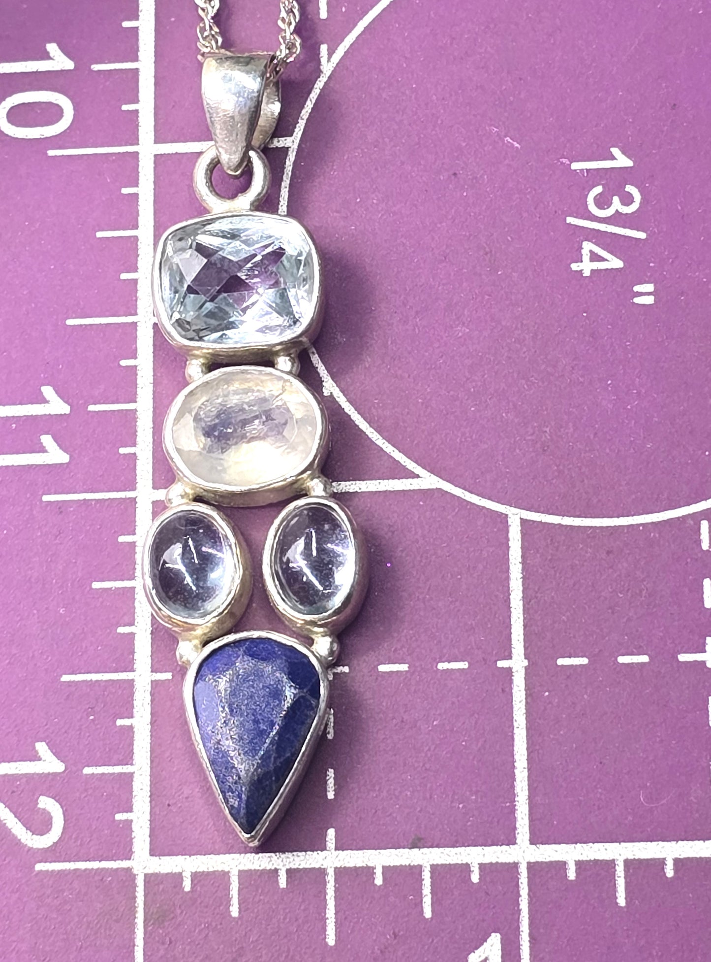 Blue topaz moonstone lapis lazuli blue gemstone sterling silver pendant necklace