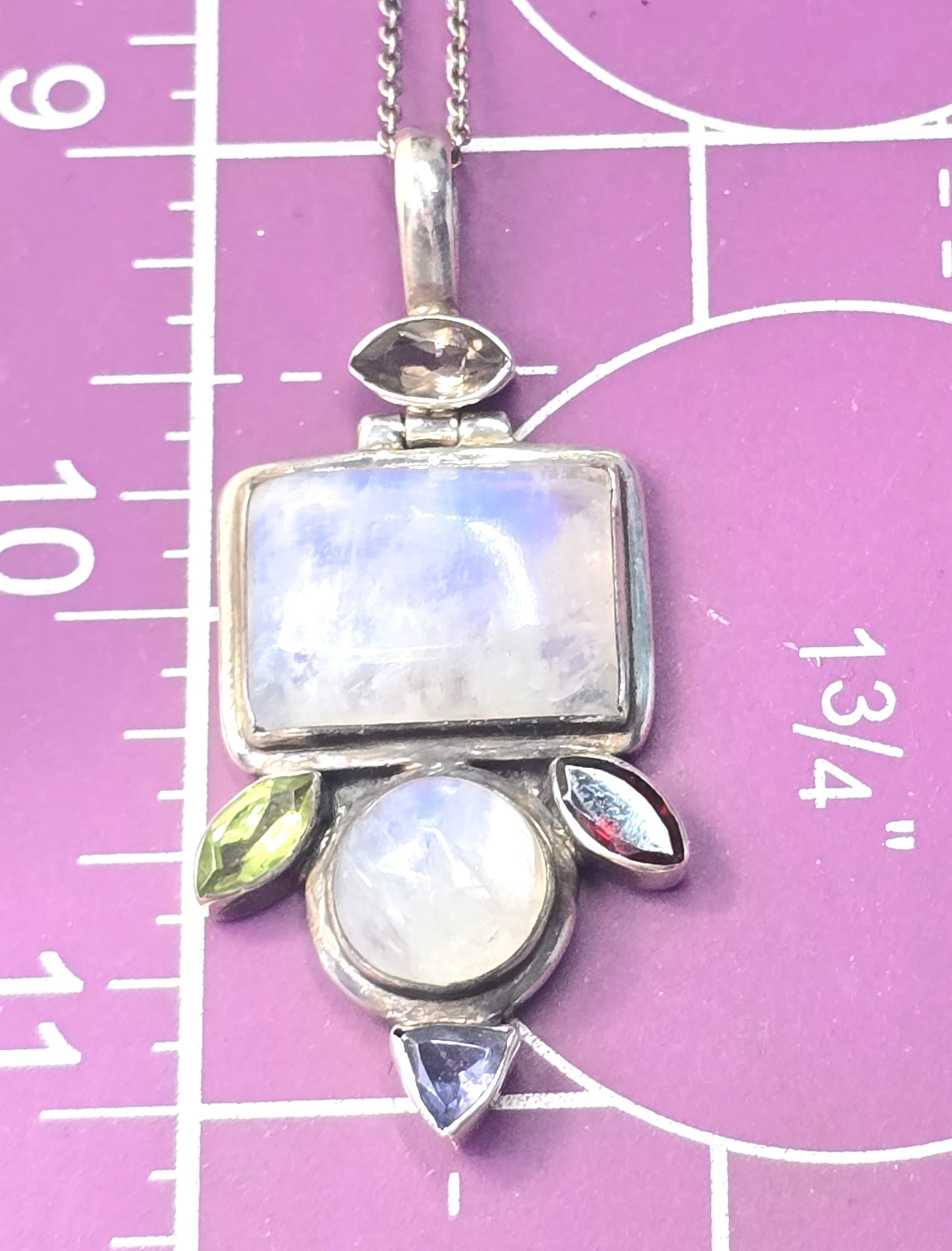 Blue Moonstone iolite peridot garnet quartz gemstone pendant sterling silver necklace