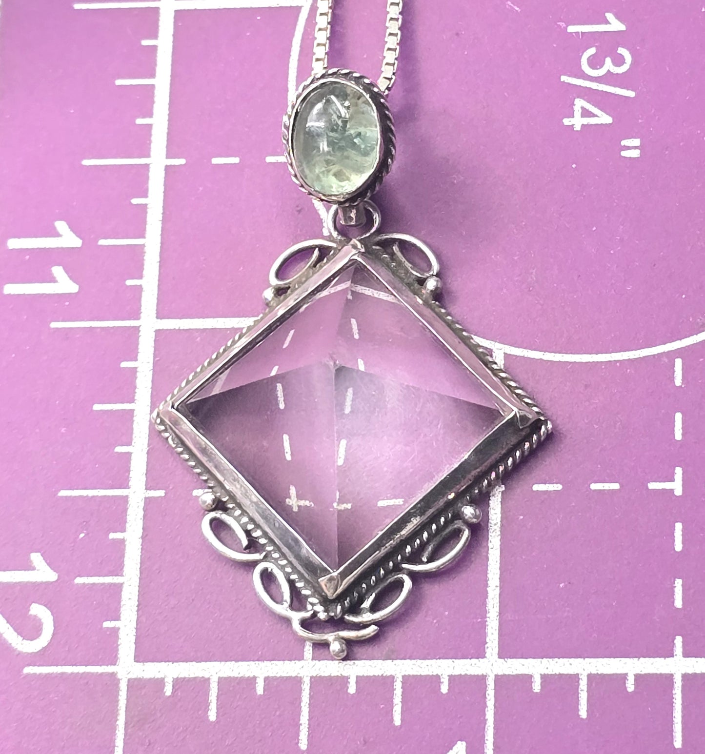 Large clear quartz pyramid green prehnite sterling silver pendant necklace
