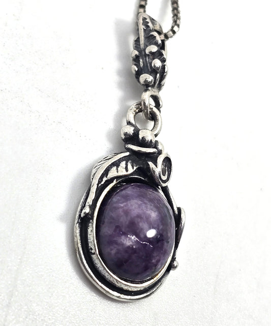 Charoite Purple gemstone tribal sterling silver vintage pendant necklace