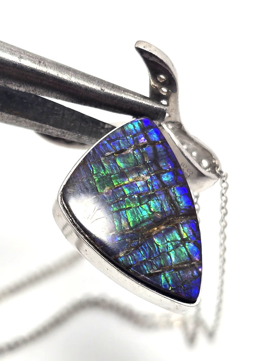 Opalized fossilized ammolite white topaz STS sterling silver gemstone necklace