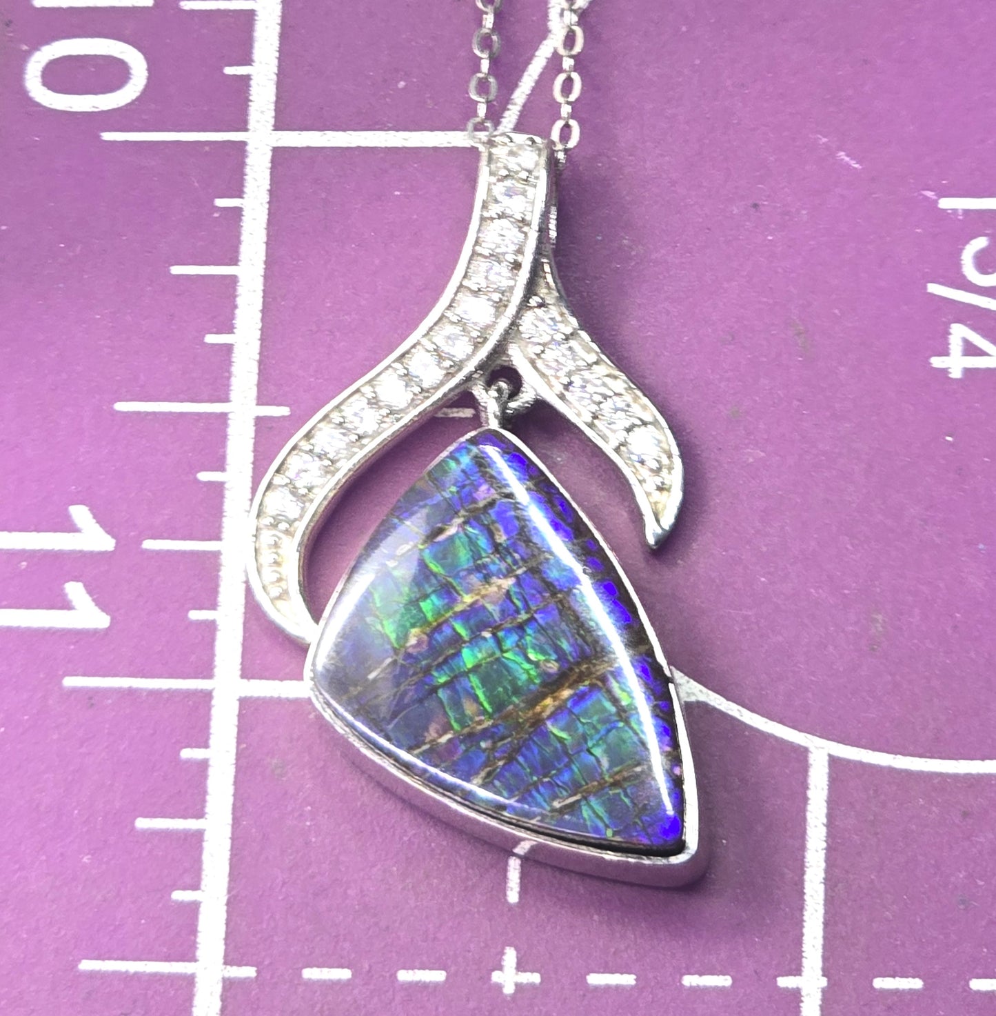Opalized fossilized ammolite white topaz STS sterling silver gemstone necklace