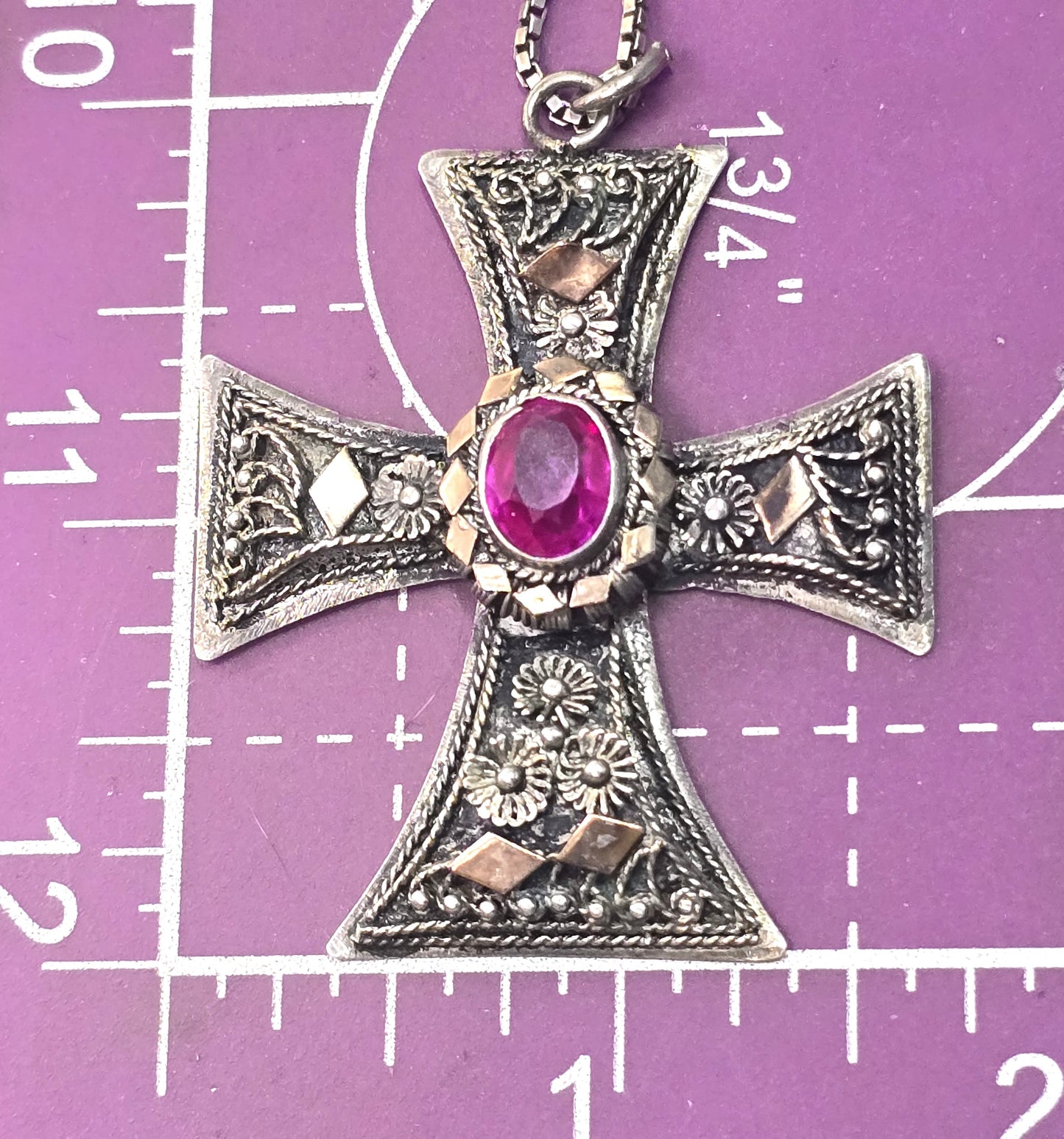 Maltese cross vintage pink sapphire 900 sterling silver vintage necklace