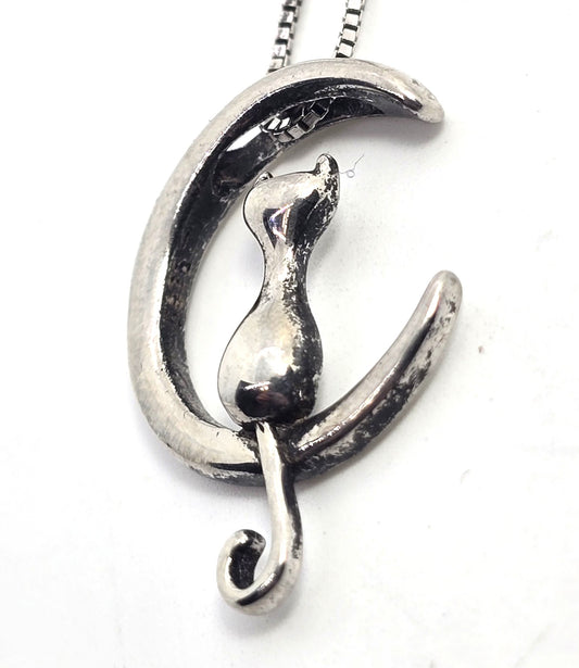 Crescent moon sitting kitty cat celestial sterling silver retro necklace