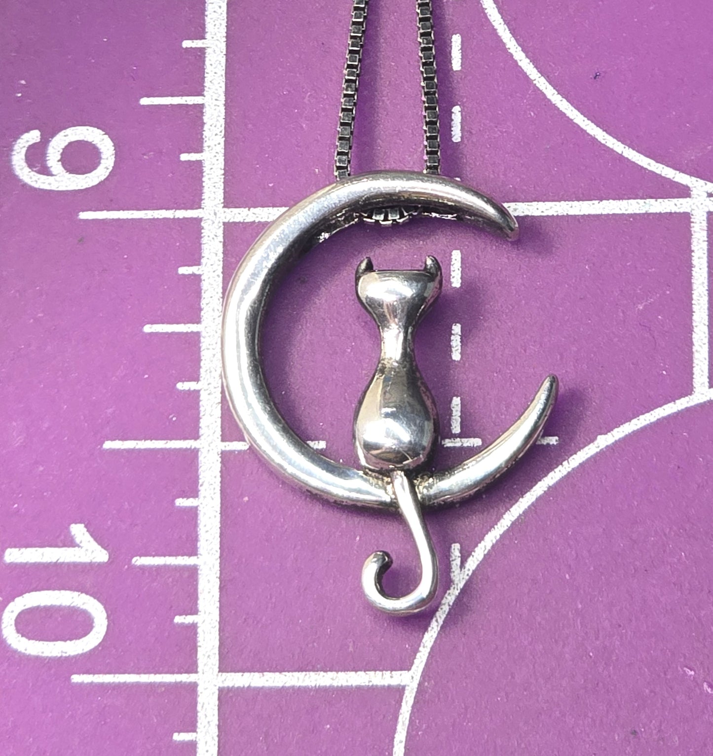 Crescent moon sitting kitty cat celestial sterling silver retro necklace