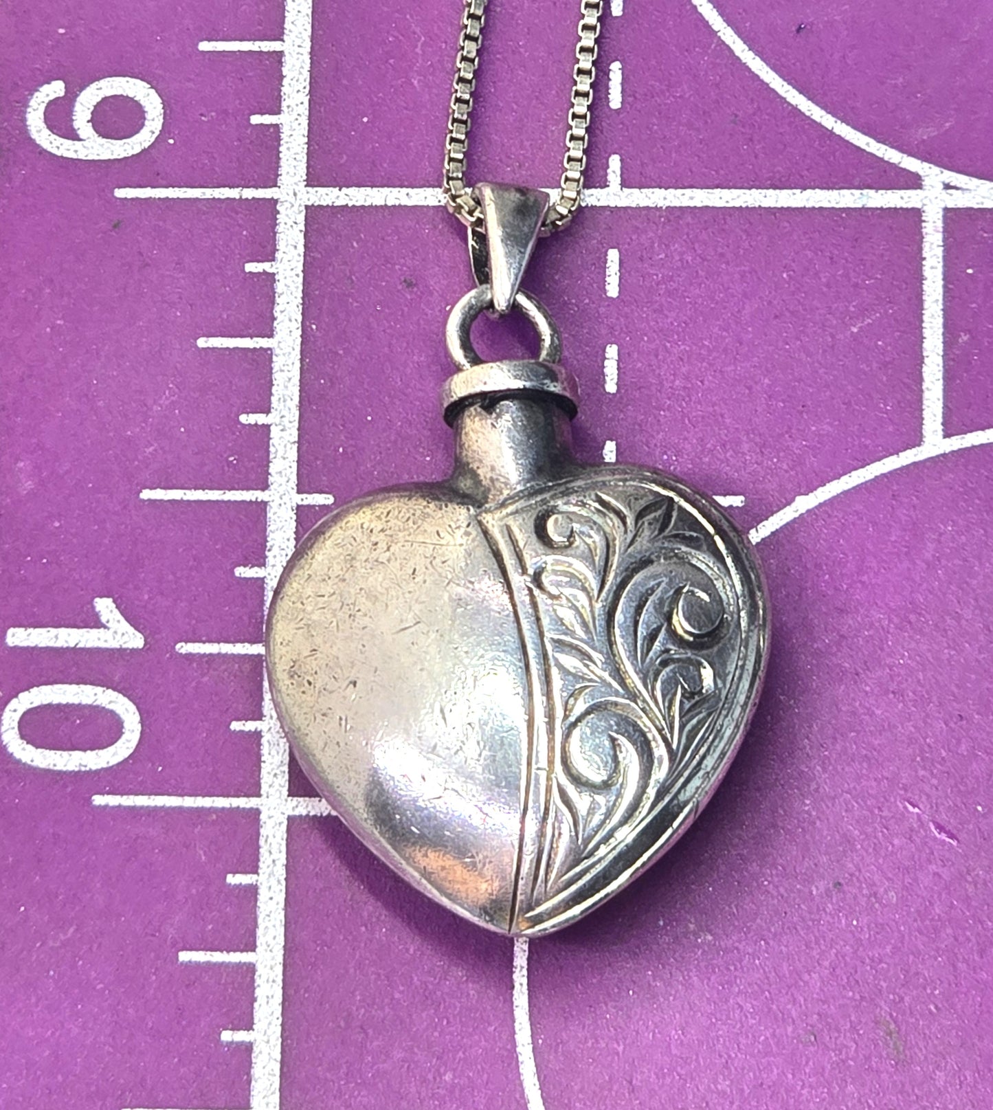Etched heart perfume cremation sterling silver memento mori necklace