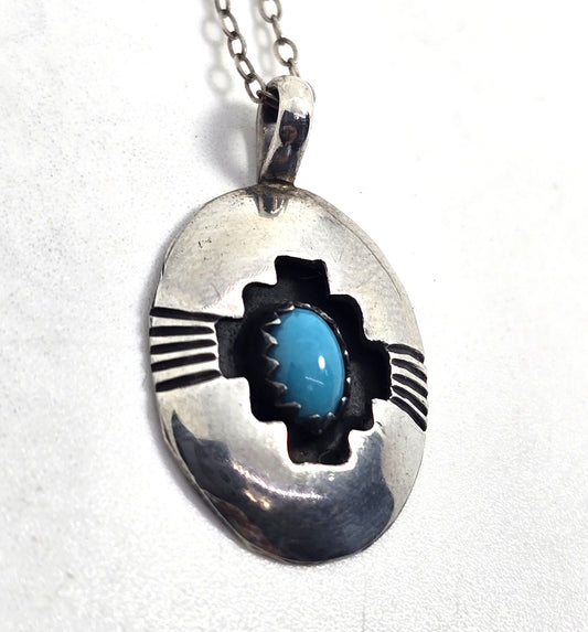 Navajo shadow box turquoise vintage sterling silver pendant necklace