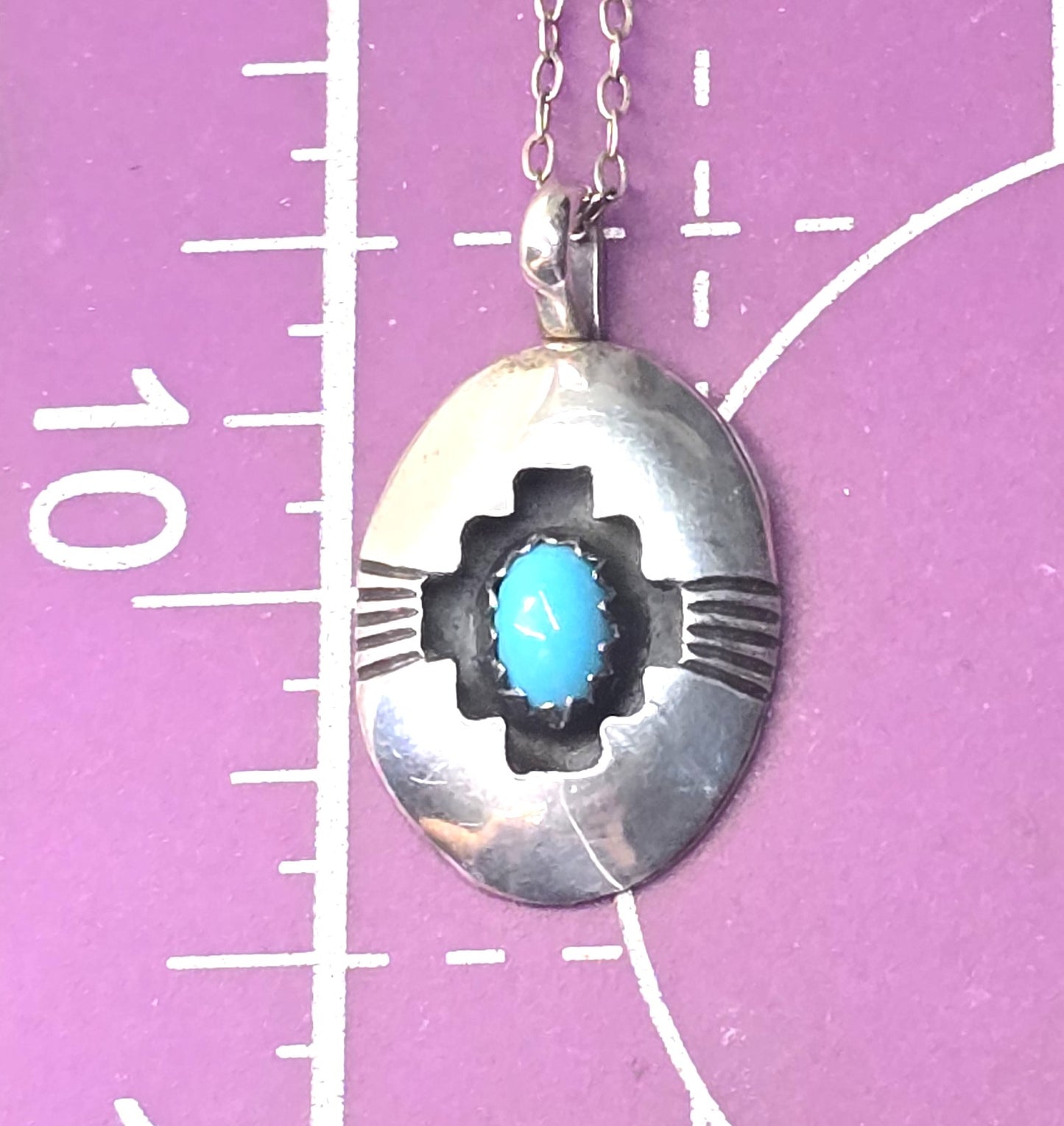 Navajo shadow box turquoise vintage sterling silver pendant necklace