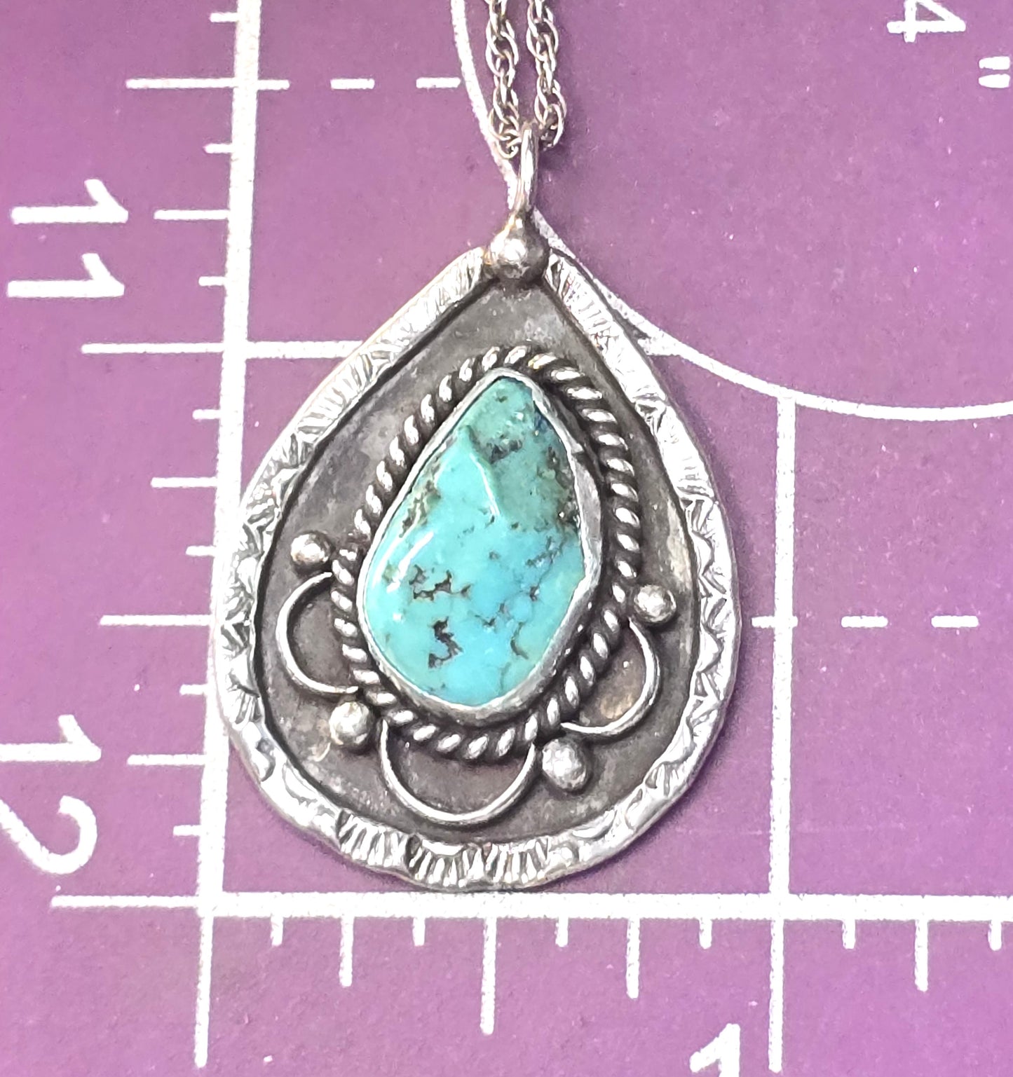 LC natural Turquoise sterling silver Navajo Native American pendant necklace