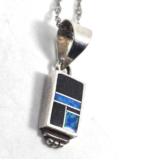 Native Sterling Silver blue fire opal Onyx Inlay Pendant necklace signed H