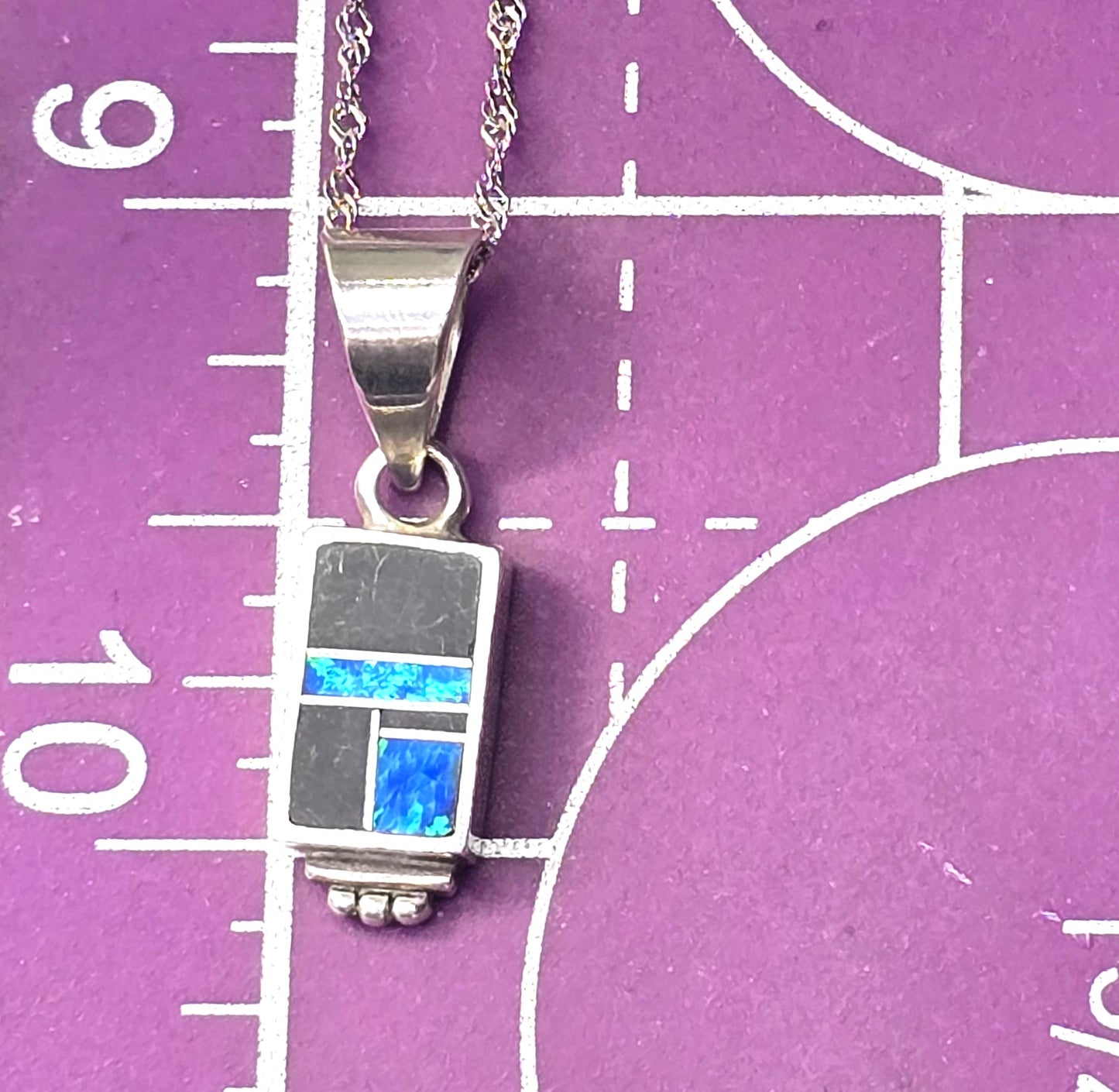 Native Sterling Silver blue fire opal Onyx Inlay Pendant necklace signed H