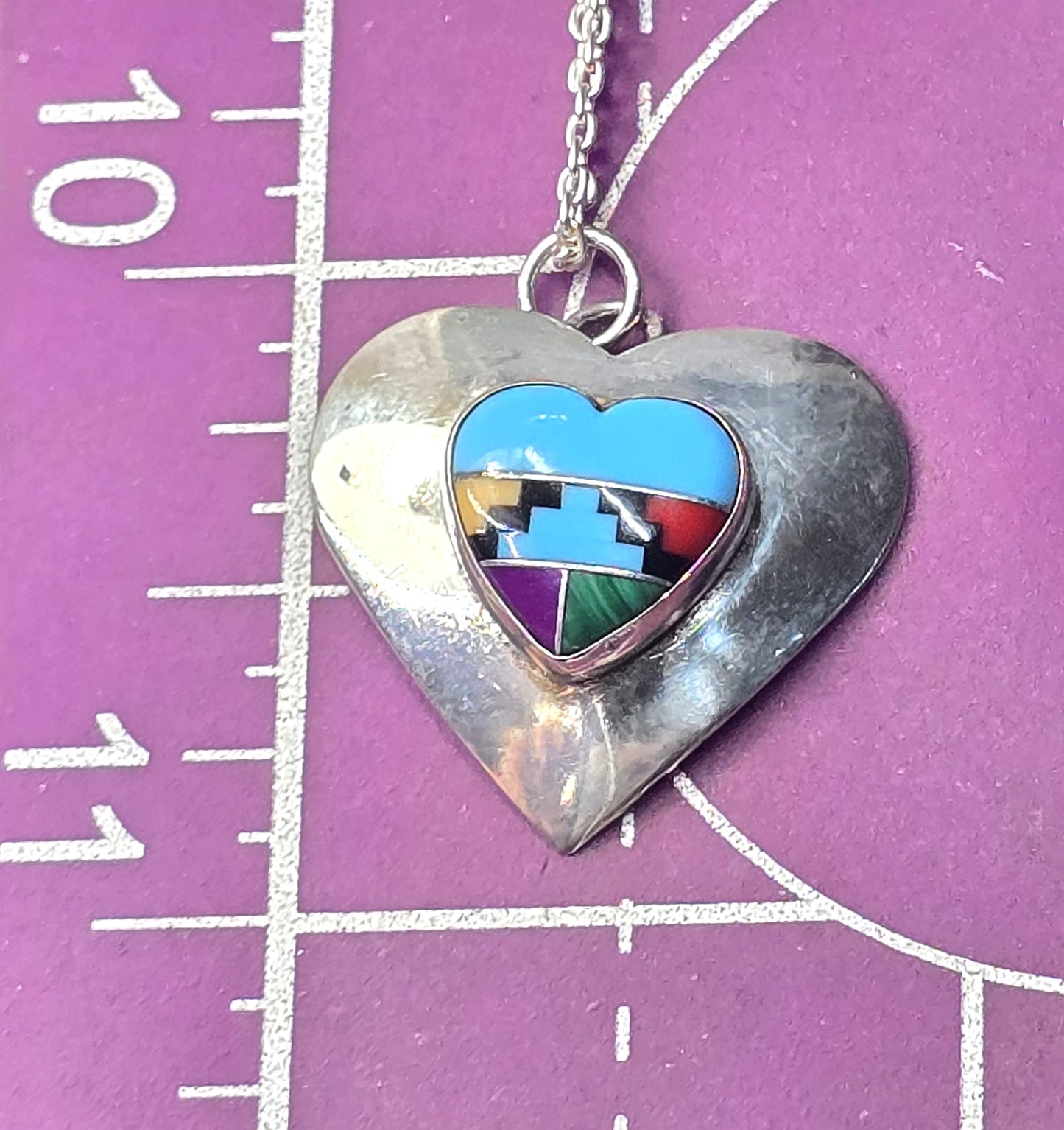 Turquoise gemstone inlay vintage Sterling Silver Southwestern heart necklace