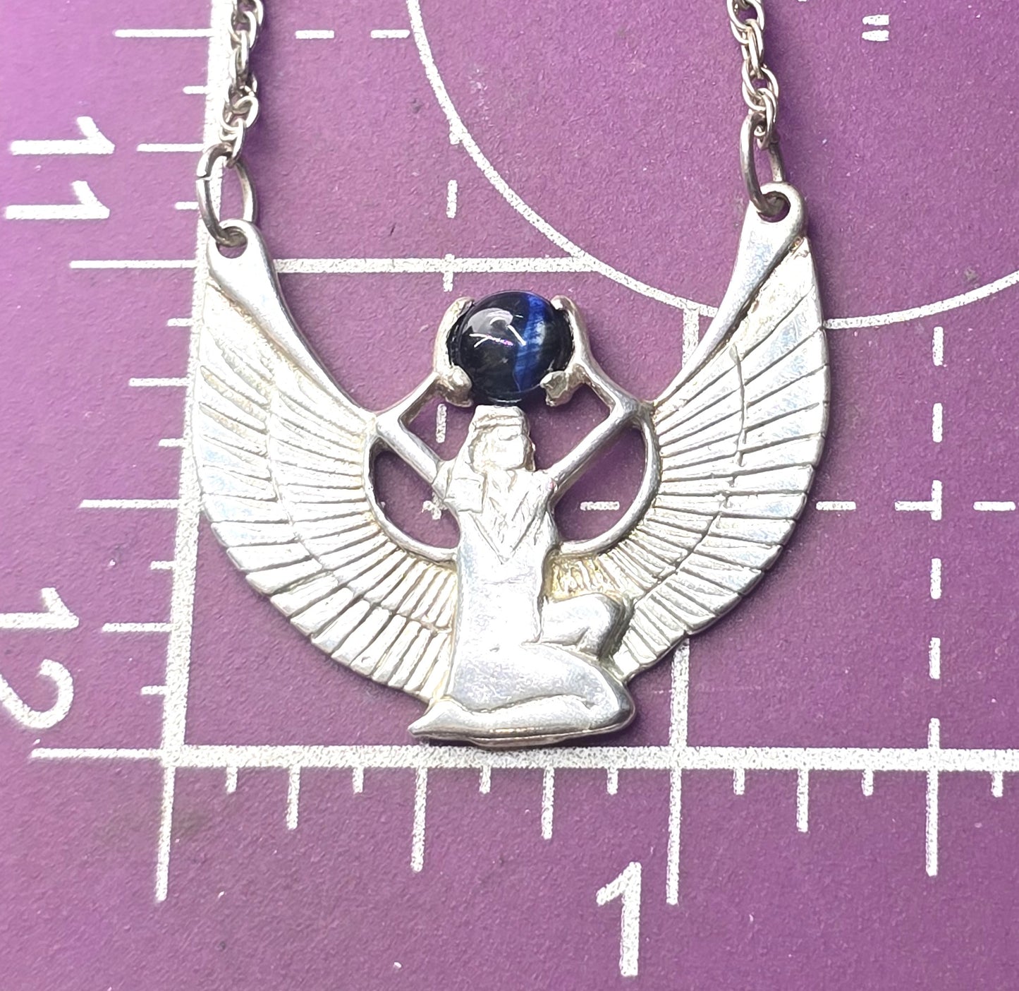 Egyptian Revival Isis Blue Tiger's Eye sterling silver vintage necklace