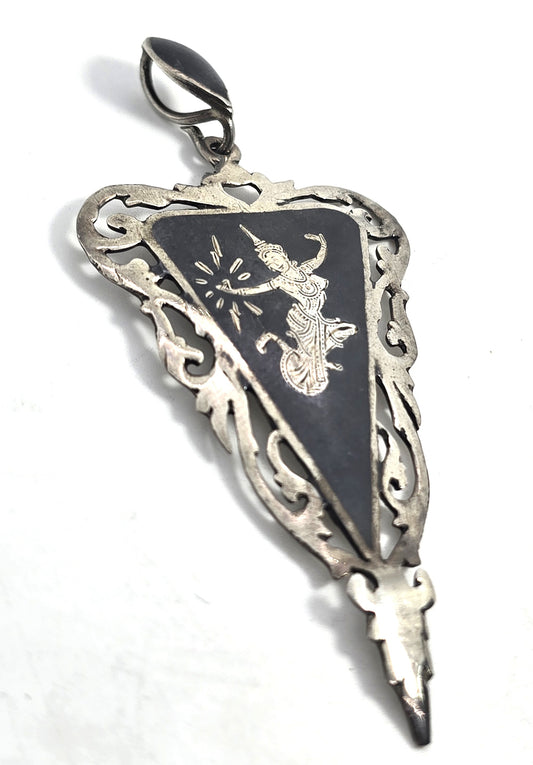 AmFarco Siam black nielloware vintage signed sterling silver triangle pendant