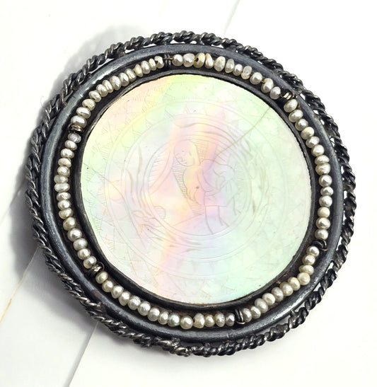 Victorian Mother of pearl carved shell seed pearl pendant brooch original box crack