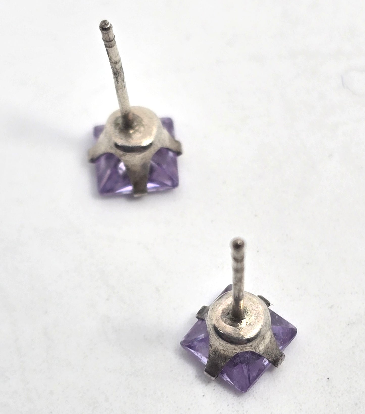 Synthetic Amethyst Princess cut silver plated stud earrings