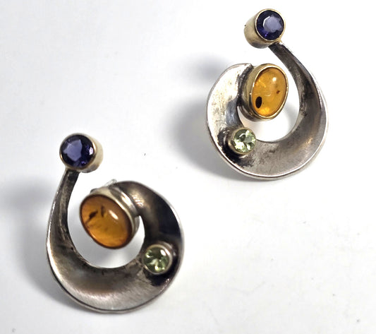 Abstract Amber Iolite peridot sterling silver gold plated vintage stud earrings