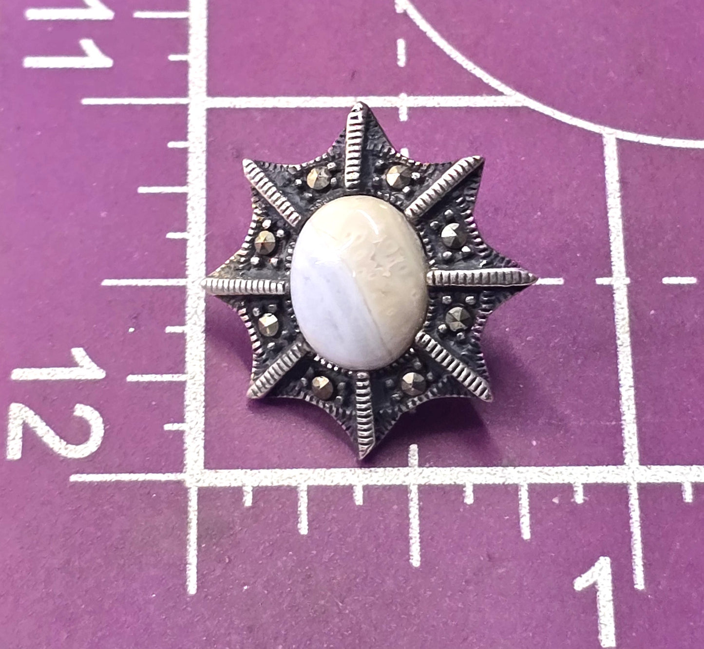 Blue Lace Agate sterling silver spider web post stud vintage earrings TH