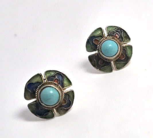 Chinese Export Turquoise Enamel gold over sterling silver vintage stud earrings