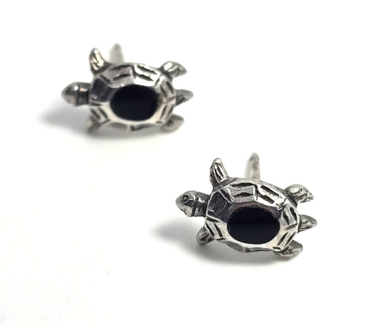 Black onyx vintage sterling silver small turtle stud earrings